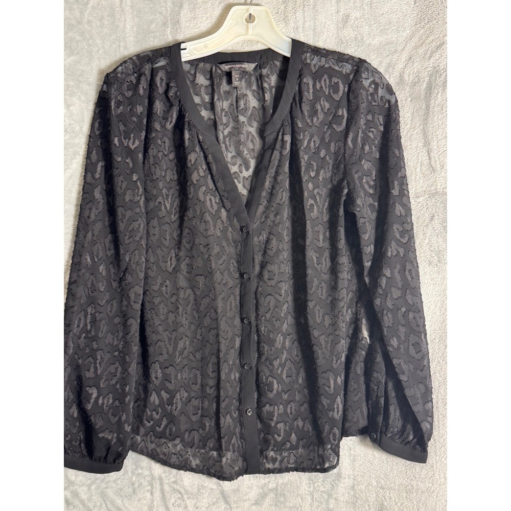 Banana Republic Womens Black Leopard Burnout Blouse Petite Small Sheer Top